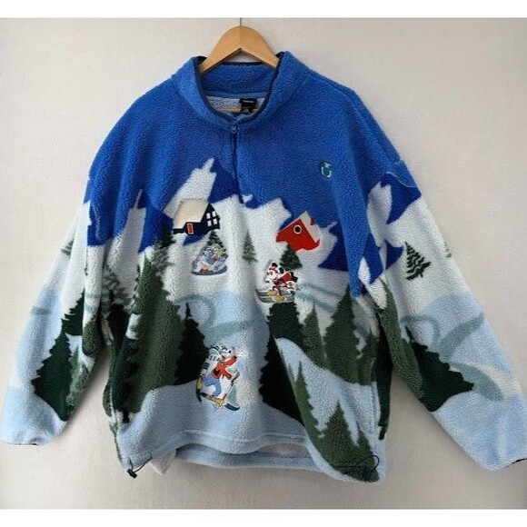 Disney Mickey Mouse & Friends Ski Scene Sherpa Quarter Zip Crewneck Size 2X - Picture 1 of 10